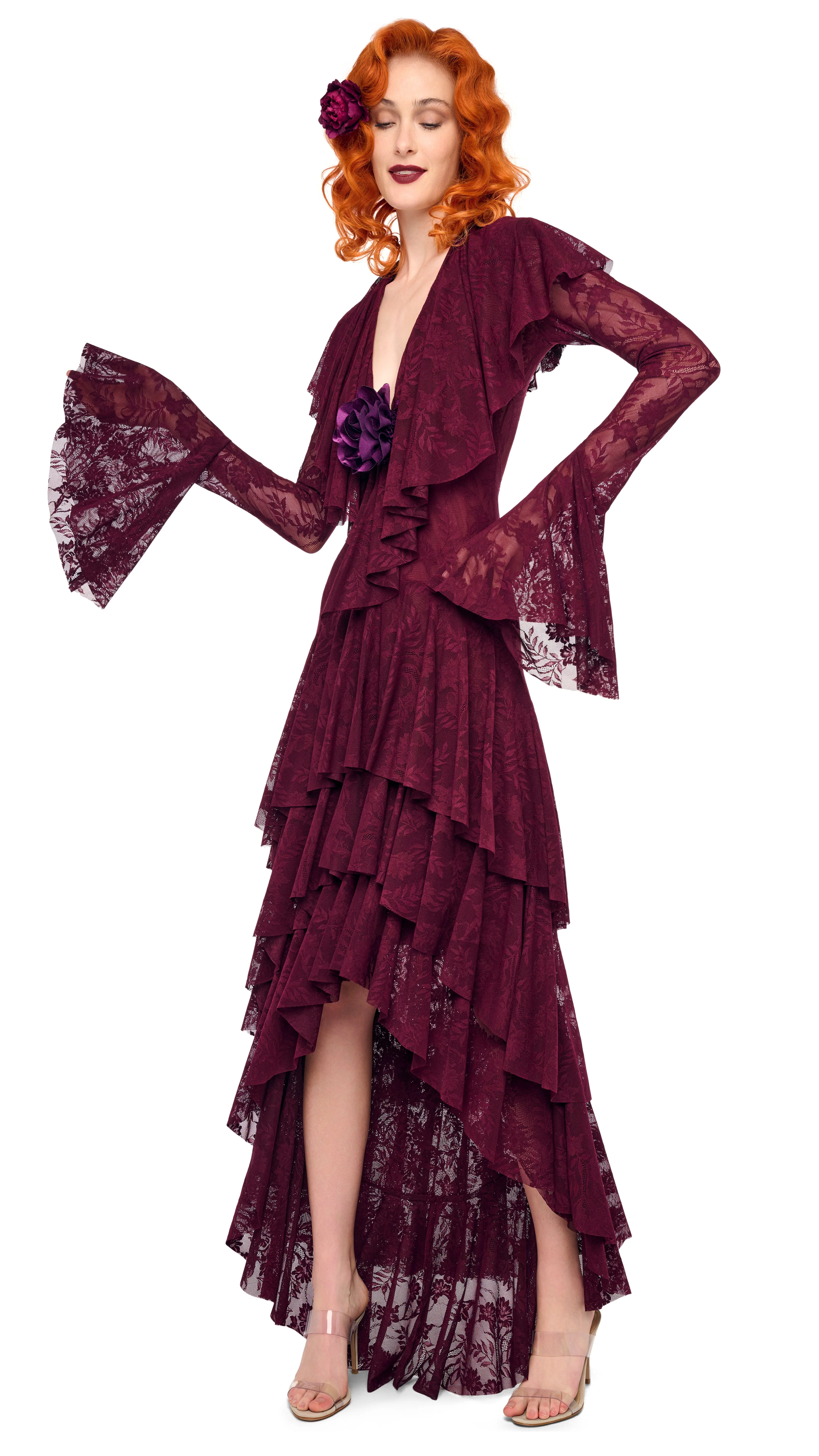HI LOW LONG SLEEVE DEEP V RUFFLE GOWN - Image 4