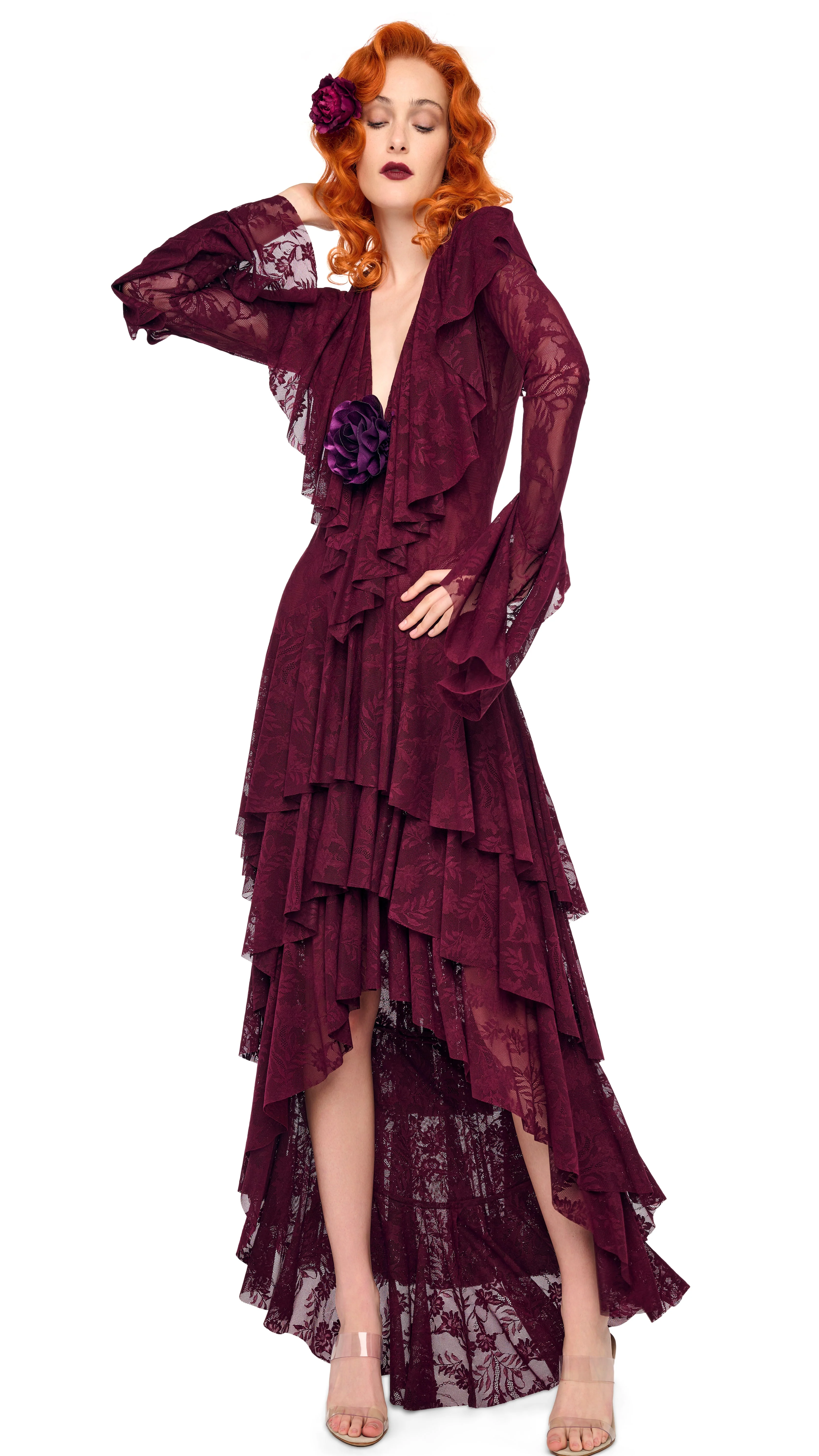 HI LOW LONG SLEEVE DEEP V RUFFLE GOWN - Image 5