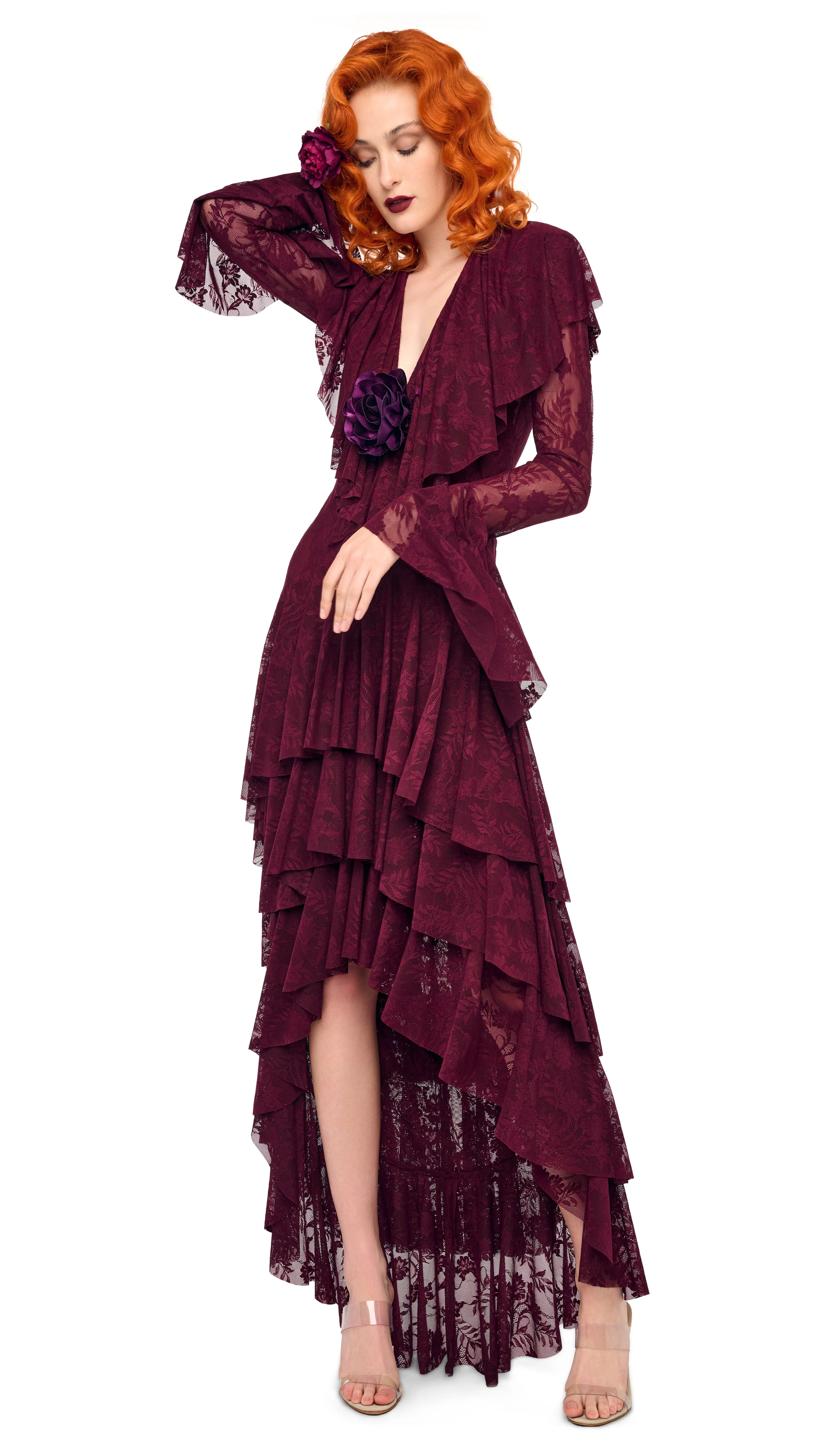 HI LOW LONG SLEEVE DEEP V RUFFLE GOWN - Image 6