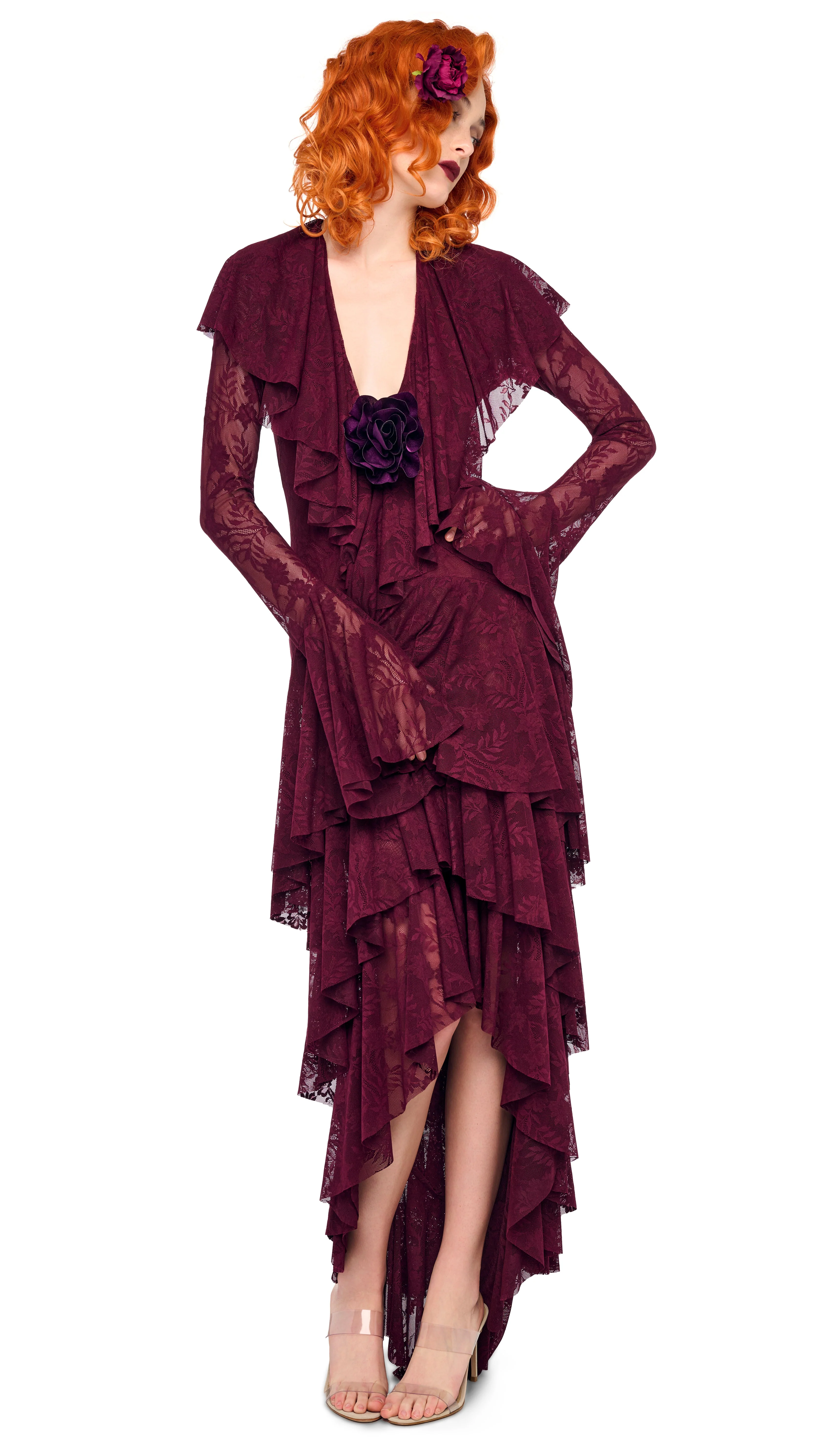 HI LOW LONG SLEEVE DEEP V RUFFLE GOWN - Image 7
