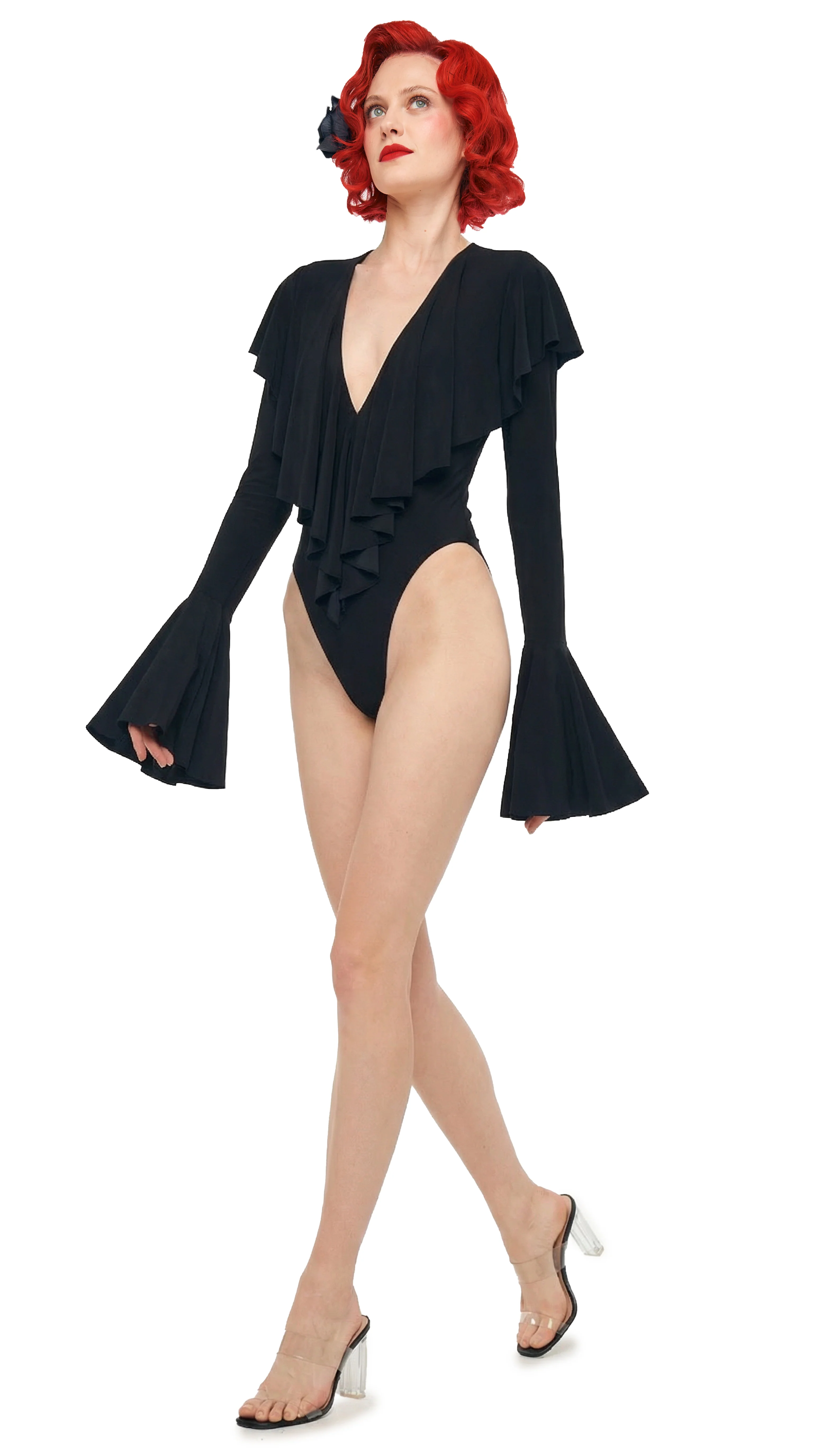LONG SLEEVE DEEP V RUFFLE BODYSUIT - Image 4