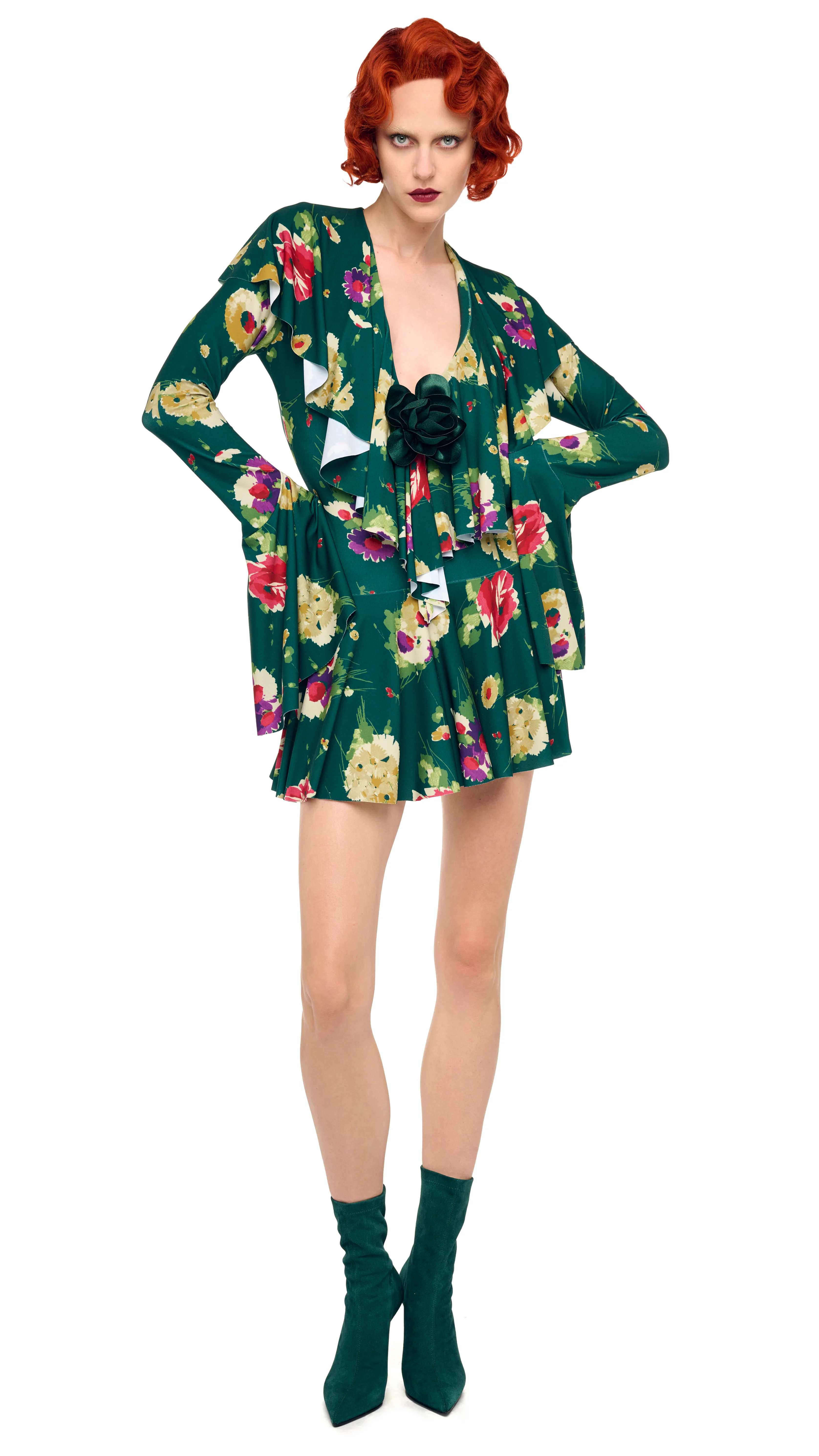 LONG SLEEVE DEEP V RUFFLE MINI DRESS - Image 4