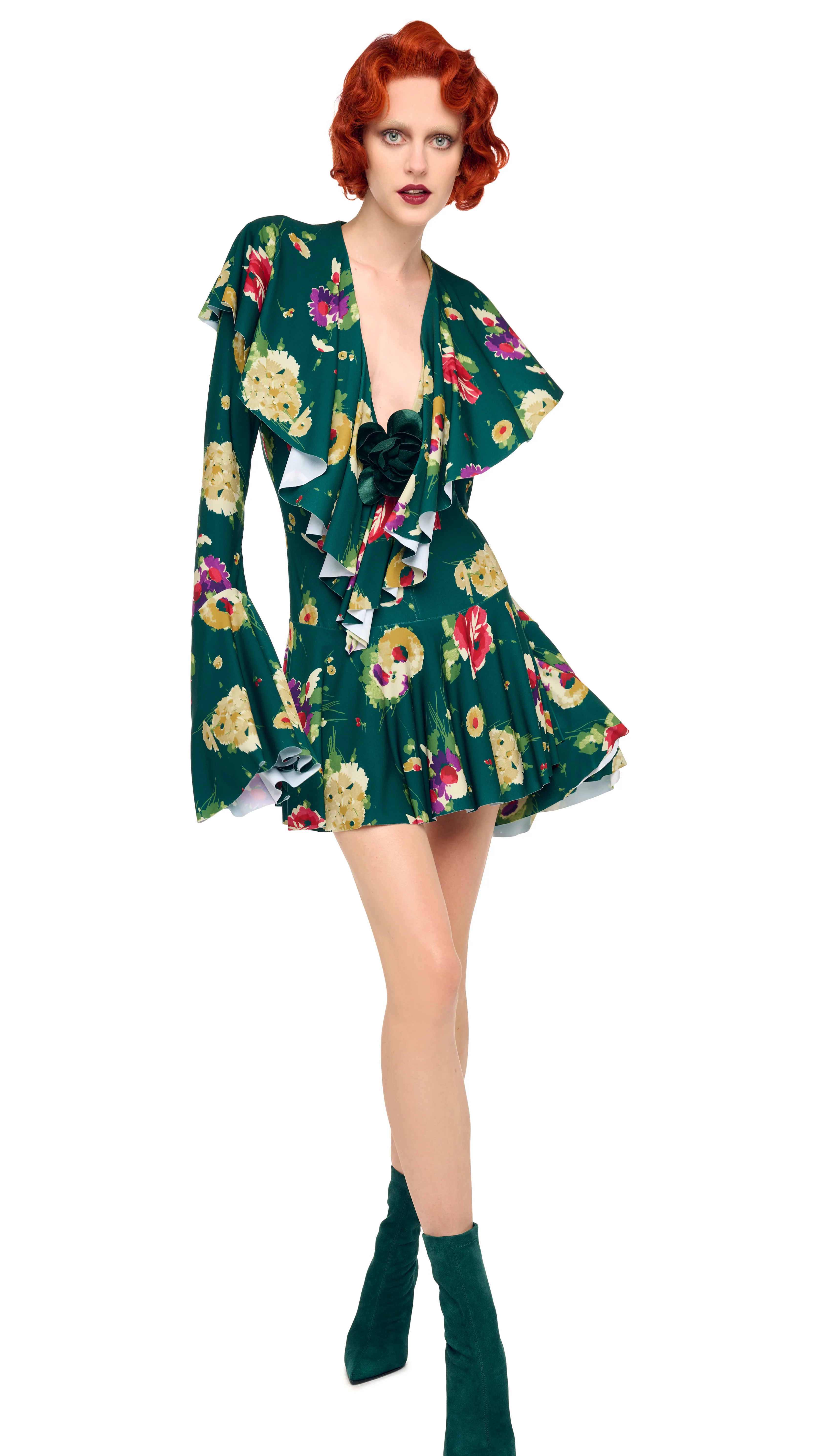 LONG SLEEVE DEEP V RUFFLE MINI DRESS - Image 5