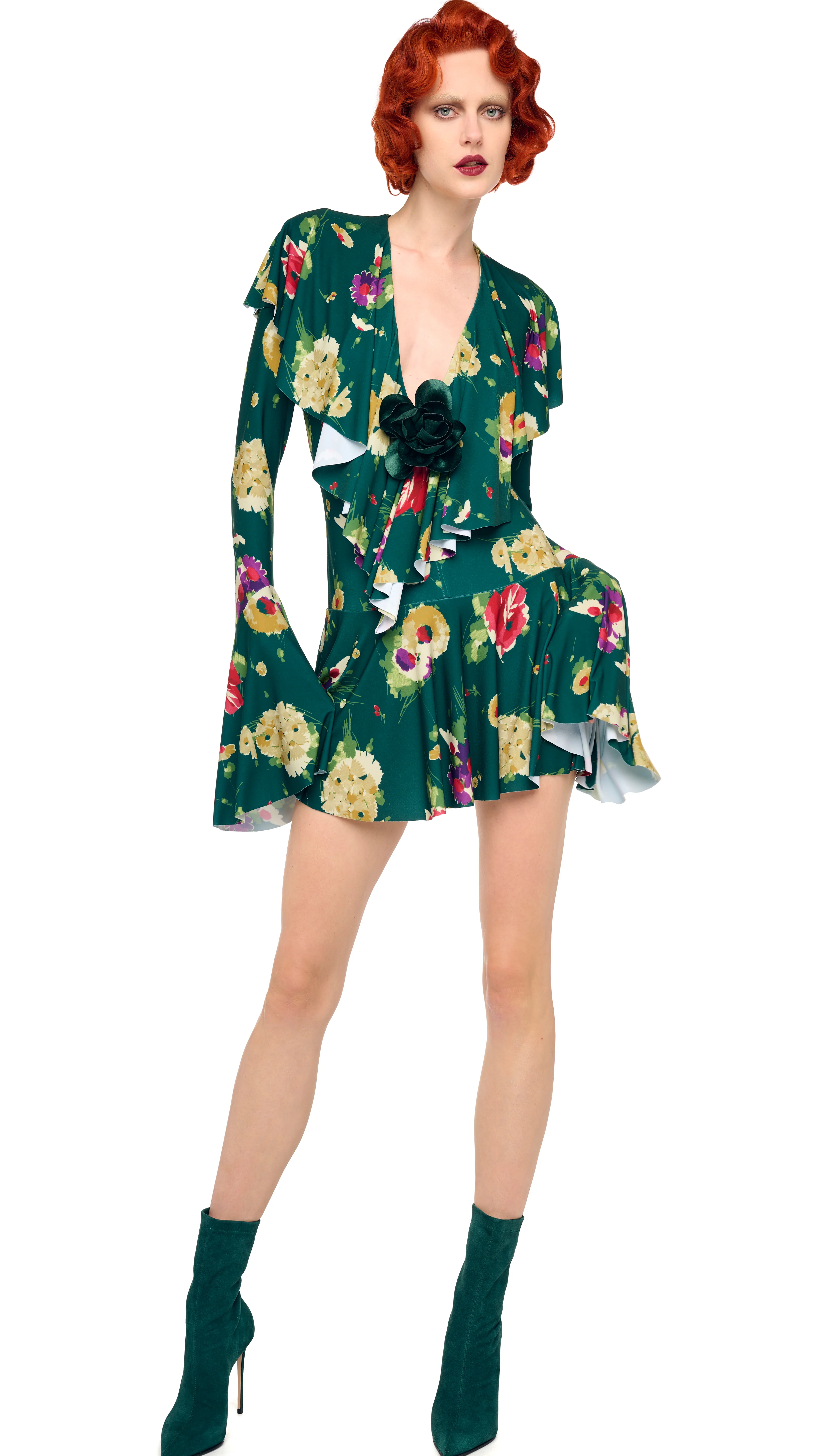 LONG SLEEVE DEEP V RUFFLE MINI DRESS - Image 6