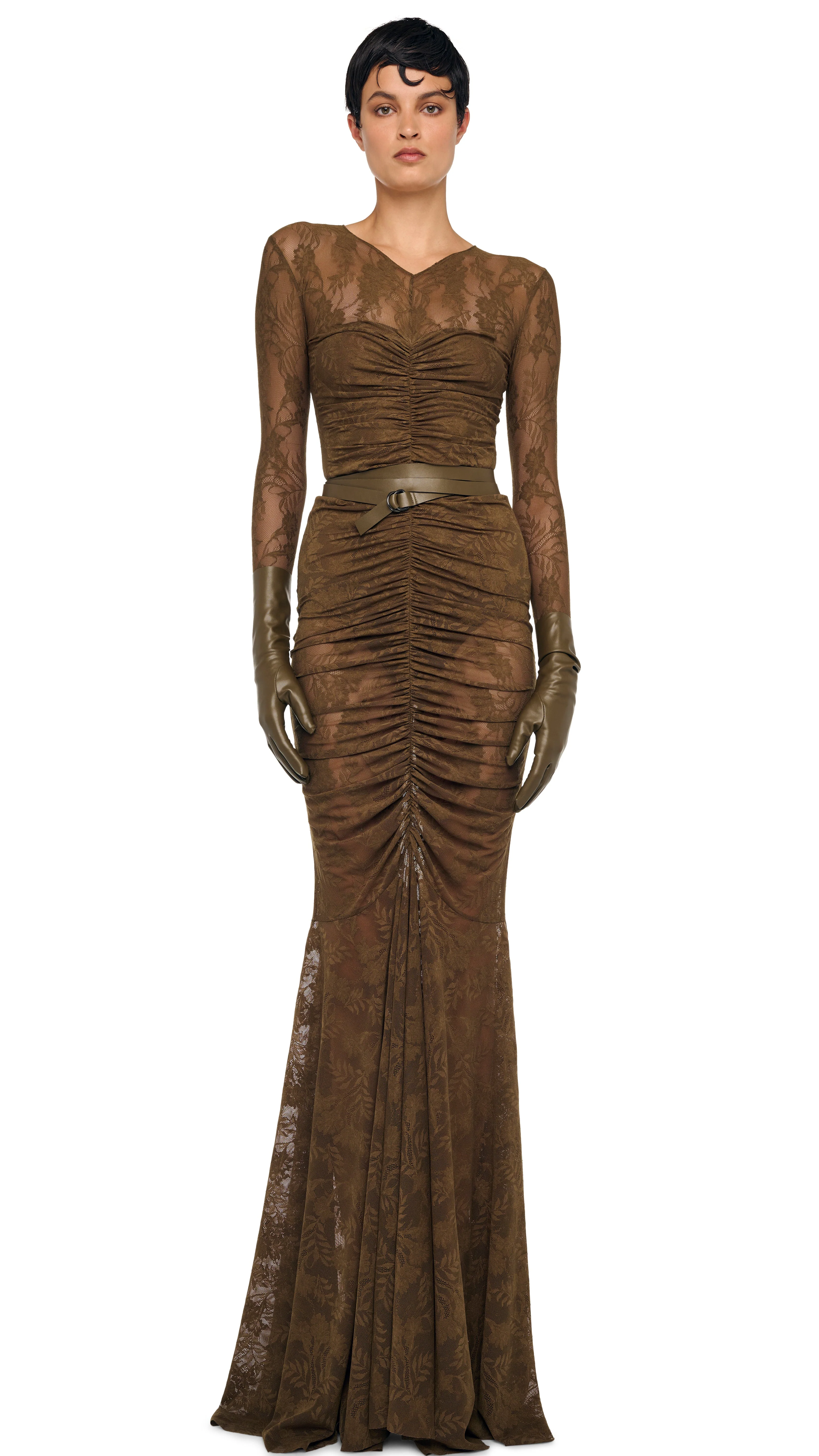 V NECK SHIRRED FRONT FISHTAIL GOWN - Image 4
