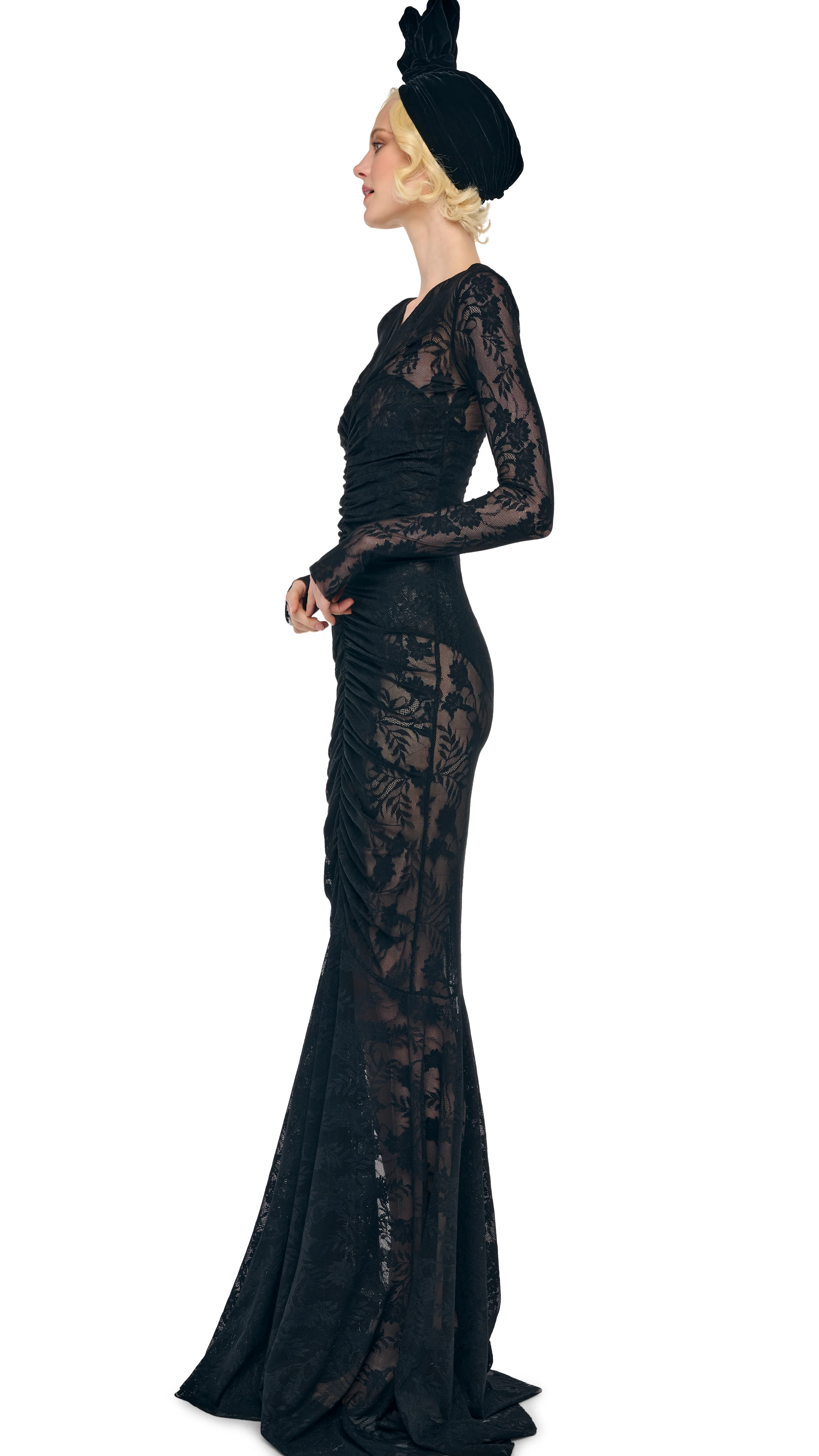 LONG SLEEVE V NECK SHIRRED FRONT FISHTAIL GOWN - Image 2