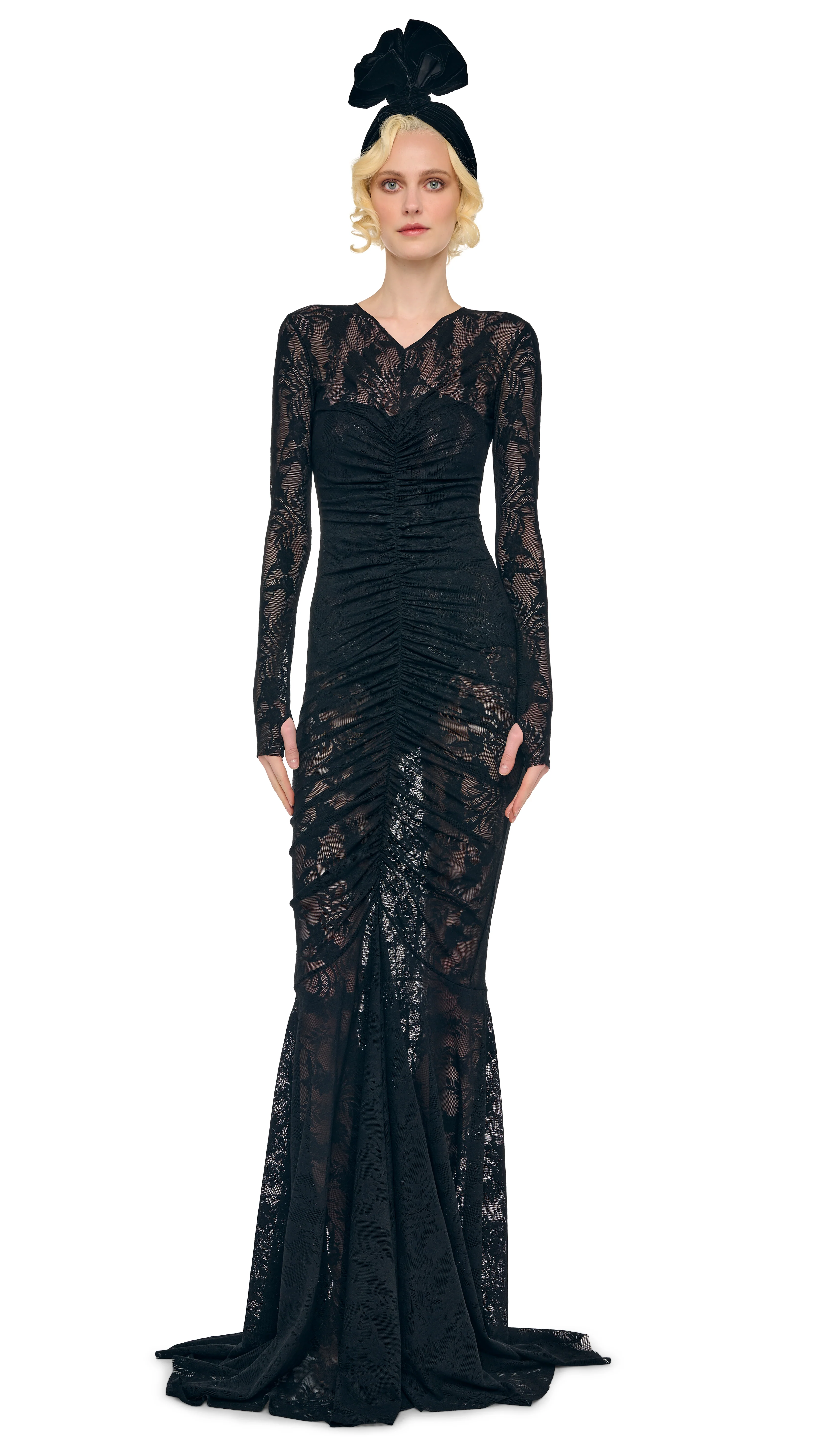 LONG SLEEVE V NECK SHIRRED FRONT FISHTAIL GOWN - Image 6