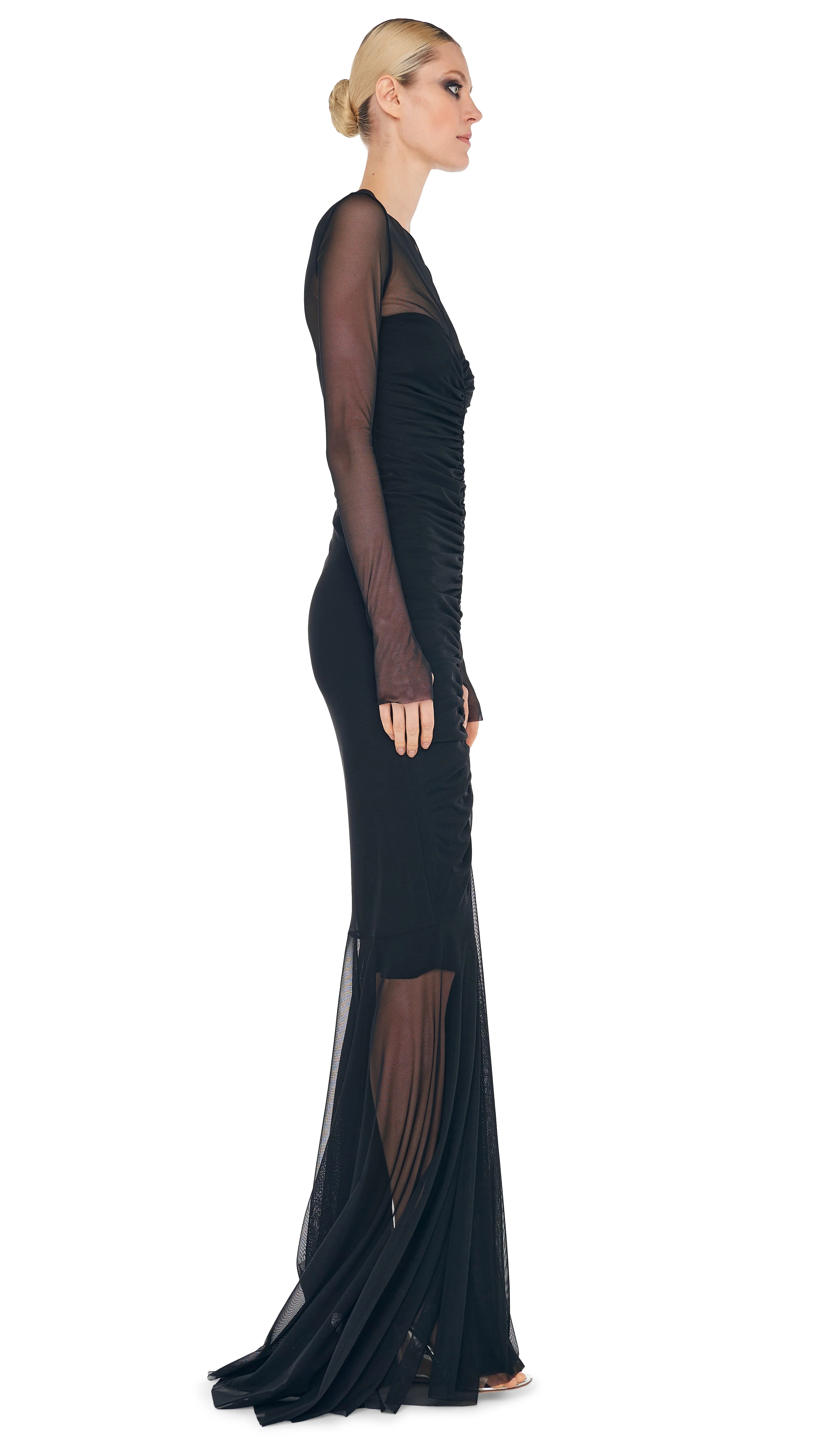 LS V NECK SHIRRED FRONT FISHTAIL GOWN - Image 5