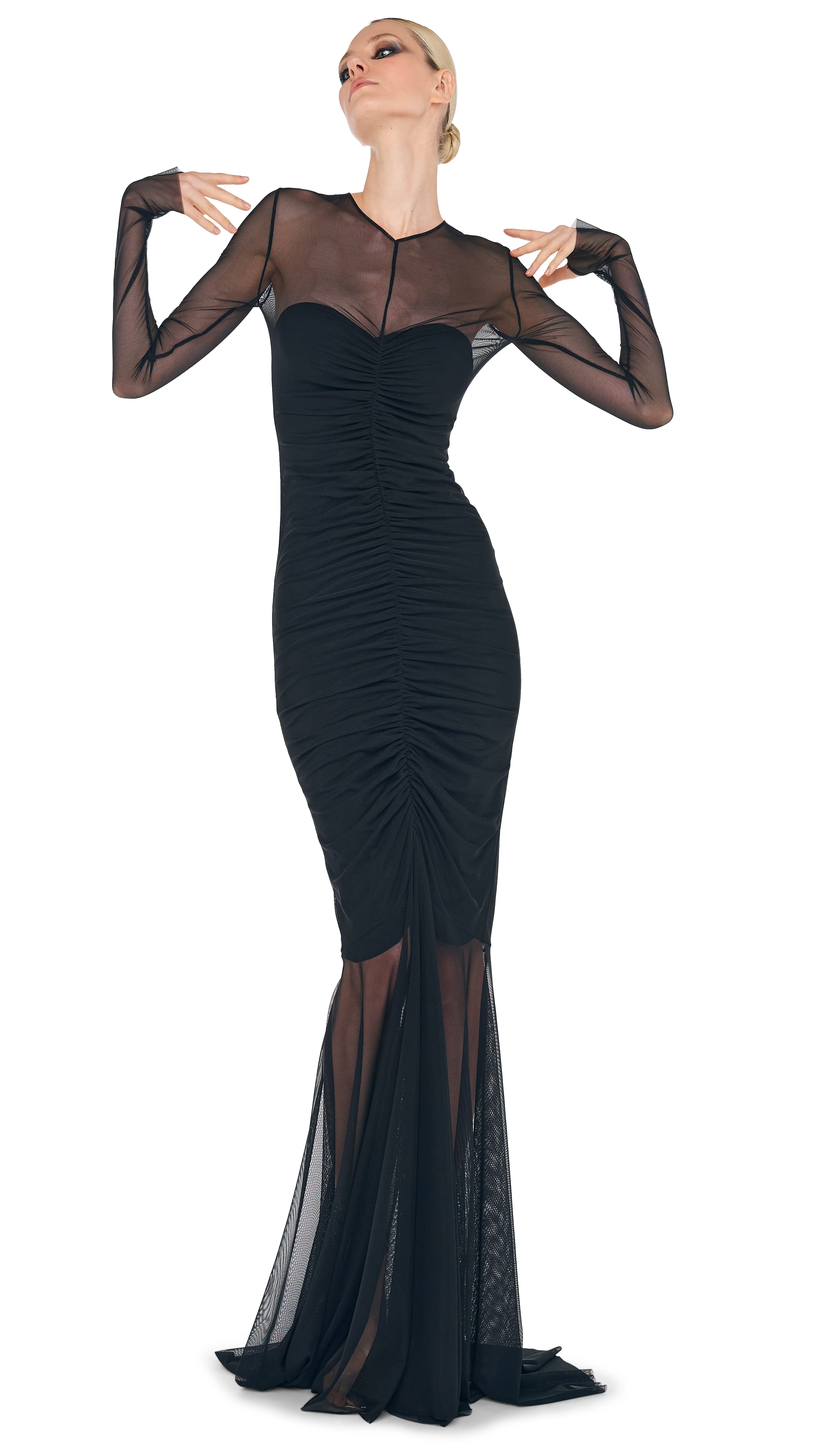 LS V NECK SHIRRED FRONT FISHTAIL GOWN - Image 6
