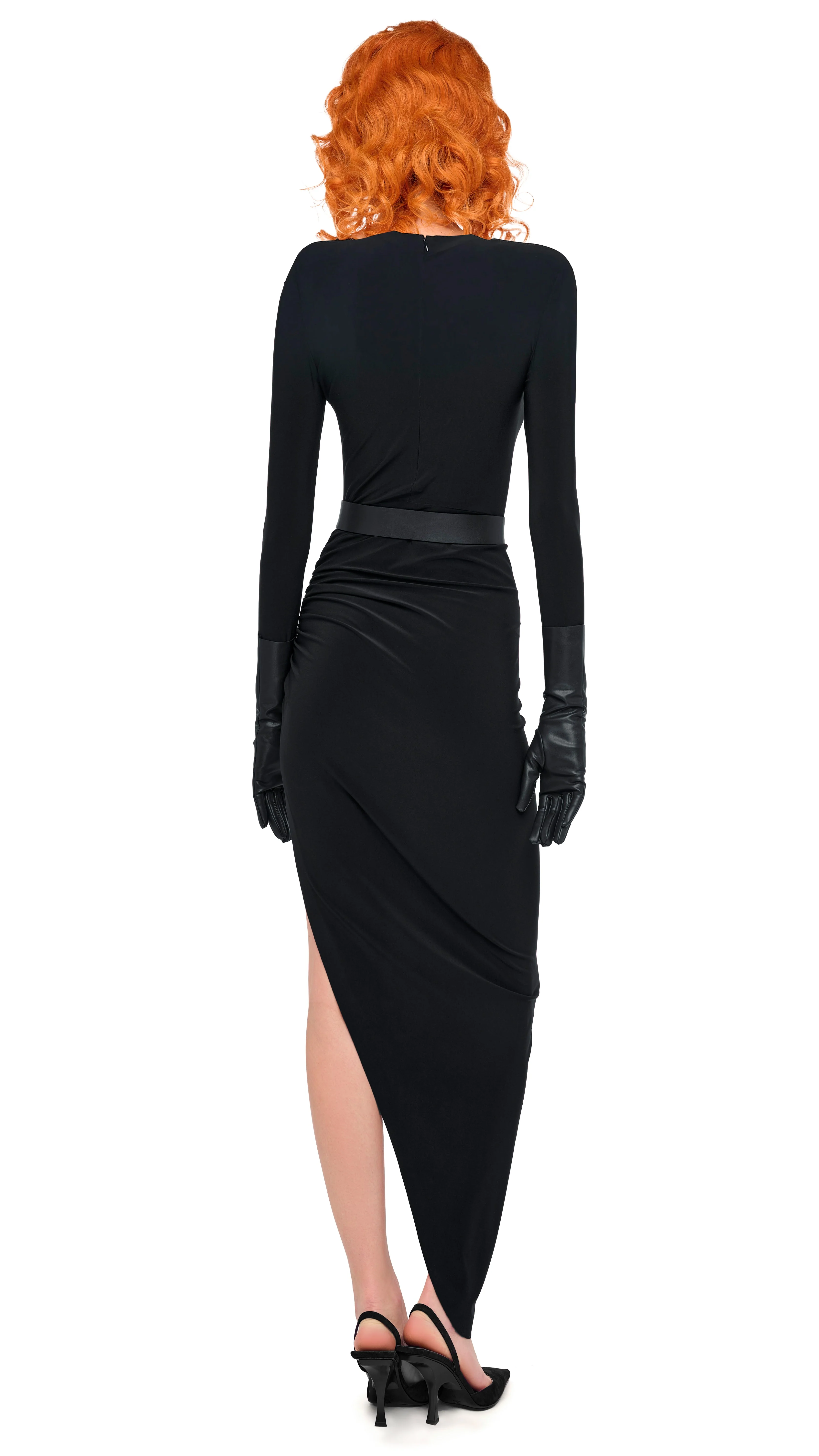 LS SHOULDER PAD V NECK SIDE DRAPE GOWN - Image 3